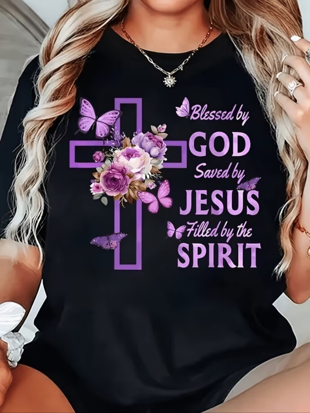 Women's Blessed by God Purple Cross Faith Tee